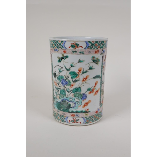 43 - A famille vert porcelain brushpot with decorative panels depicting butterflies and flowers, Chinese ... 