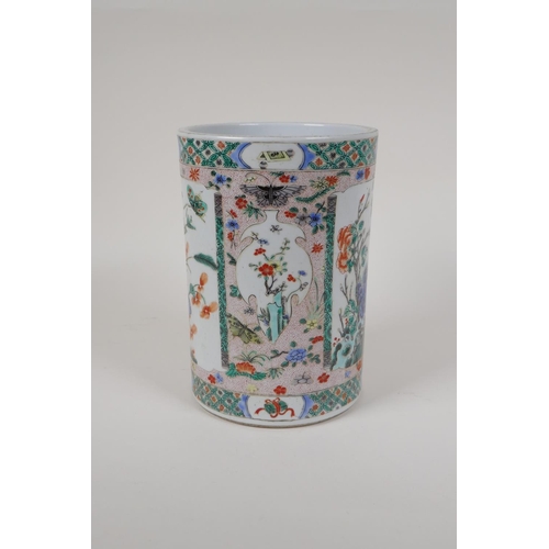 43 - A famille vert porcelain brushpot with decorative panels depicting butterflies and flowers, Chinese ... 