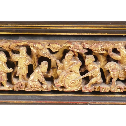 1 - An antique Chinese carved and pierced, gilt and lacquer wood stand decorated with industrious figure... 