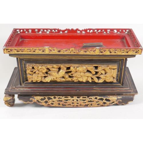 1 - An antique Chinese carved and pierced, gilt and lacquer wood stand decorated with industrious figure... 