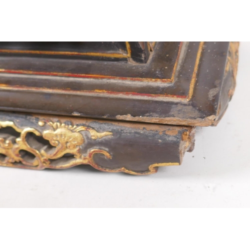 1 - An antique Chinese carved and pierced, gilt and lacquer wood stand decorated with industrious figure... 