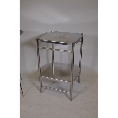 1204 - A stainless steel two tier table and a medical fold up instrument table, largest 18