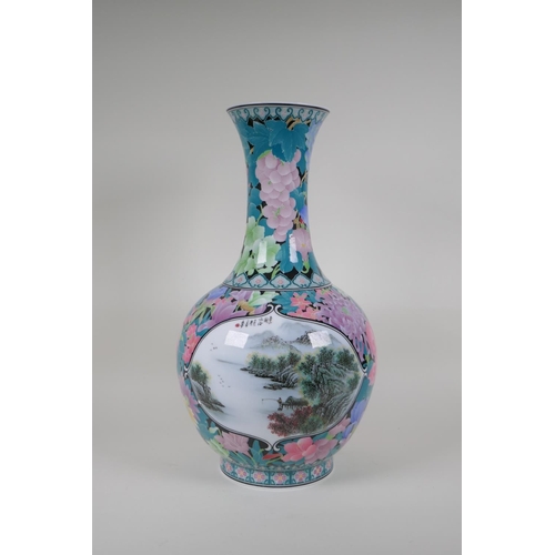 13 - A Chinese polychrome porcelain vase with two decorative panels depicting riverside landscape scenes,... 