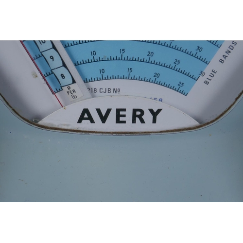 27 - A set of vintage Avery weighing scales with duck egg blue and white enamelled casing, circa 1950, 24... 