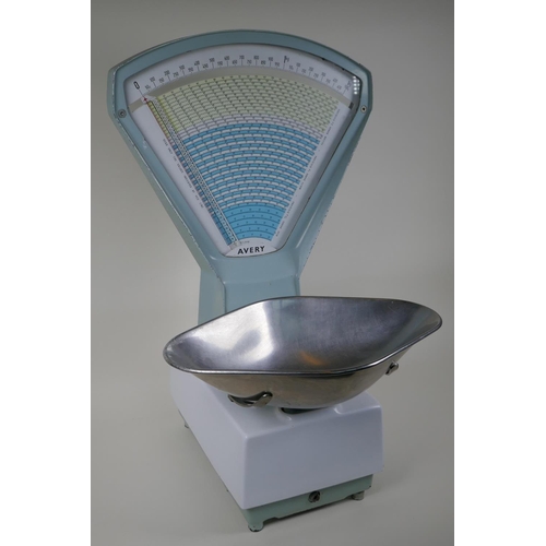 27 - A set of vintage Avery weighing scales with duck egg blue and white enamelled casing, circa 1950, 24... 