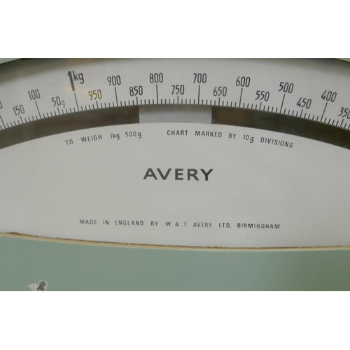 27 - A set of vintage Avery weighing scales with duck egg blue and white enamelled casing, circa 1950, 24... 