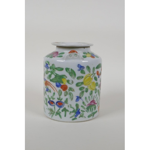 38 - A Chinese famille rose enamelled porcelain tea pot decorated with birds, flowers and gourds, 5&frac1... 