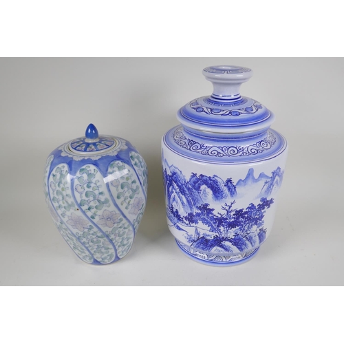 72 - A Chinese blue and white porcelain lampbase decorated  with a mountain landscape, 14