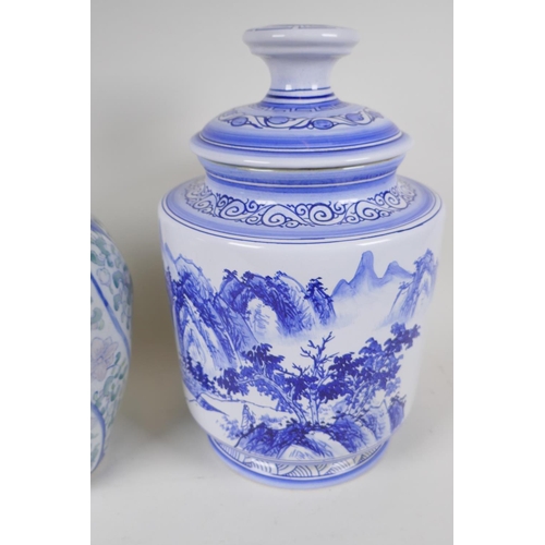 72 - A Chinese blue and white porcelain lampbase decorated  with a mountain landscape, 14