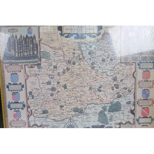 8 - A framed map of C17th Surrey with gazetteer  to the reverse, 21