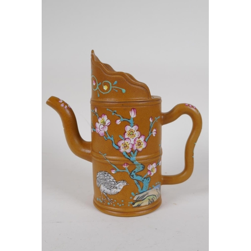 83 - A Chinese Yixing teapot of bamboo form with enamelled polychrome decoration of birds and flowers, im... 