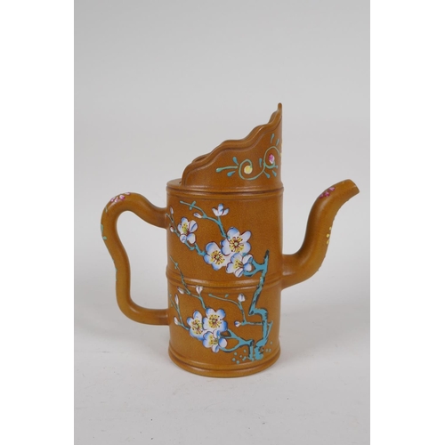 83 - A Chinese Yixing teapot of bamboo form with enamelled polychrome decoration of birds and flowers, im... 