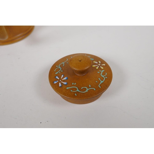 83 - A Chinese Yixing teapot of bamboo form with enamelled polychrome decoration of birds and flowers, im... 