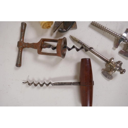 15 - A collection of five antique corkscrews, two champagne taps and a can opener