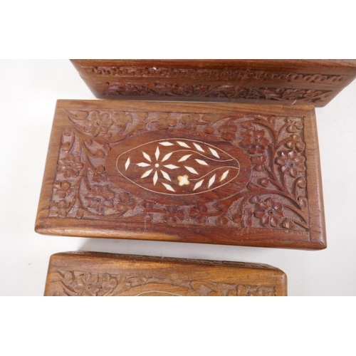 19 - A set of three Anglo Indian hardwood nesting boxes with carved and bone inlaid decoration, largest 1... 