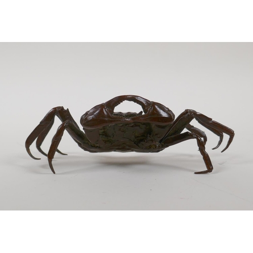 23 - A Japanese bronze jizai style okimono crab, mark to base, 6