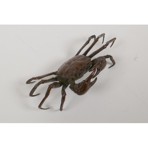 23 - A Japanese bronze jizai style okimono crab, mark to base, 6