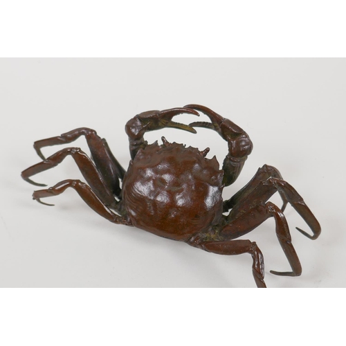 23 - A Japanese bronze jizai style okimono crab, mark to base, 6