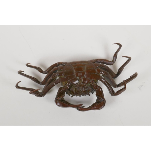 23 - A Japanese bronze jizai style okimono crab, mark to base, 6