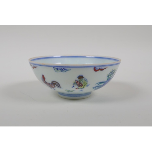 28 - A Doucai porcelain rice bowl with chicken decoration, Chinese Chenghua 6 character mark to base, 4