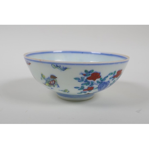 28 - A Doucai porcelain rice bowl with chicken decoration, Chinese Chenghua 6 character mark to base, 4