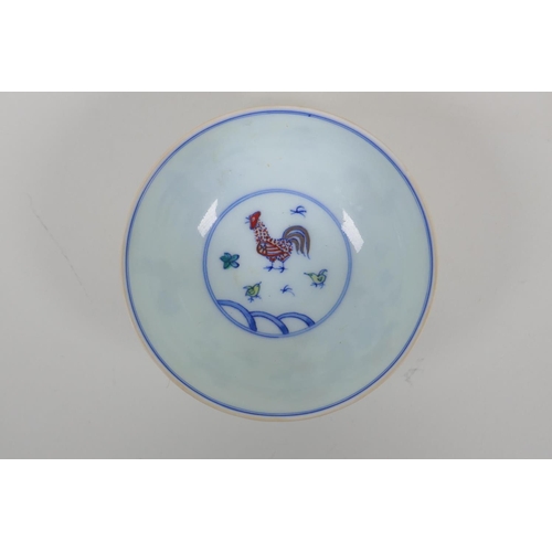 28 - A Doucai porcelain rice bowl with chicken decoration, Chinese Chenghua 6 character mark to base, 4