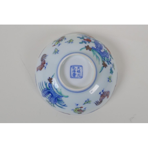 28 - A Doucai porcelain rice bowl with chicken decoration, Chinese Chenghua 6 character mark to base, 4