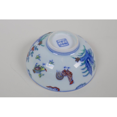 28 - A Doucai porcelain rice bowl with chicken decoration, Chinese Chenghua 6 character mark to base, 4