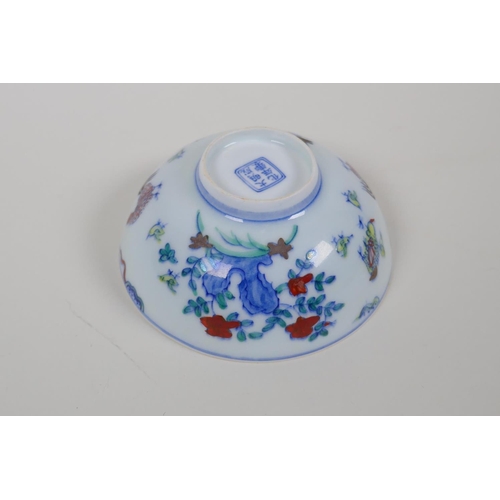 28 - A Doucai porcelain rice bowl with chicken decoration, Chinese Chenghua 6 character mark to base, 4