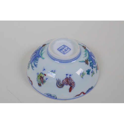 28 - A Doucai porcelain rice bowl with chicken decoration, Chinese Chenghua 6 character mark to base, 4