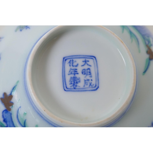 28 - A Doucai porcelain rice bowl with chicken decoration, Chinese Chenghua 6 character mark to base, 4