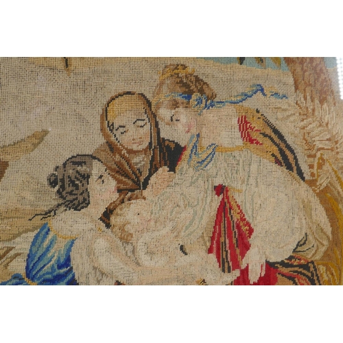 51 - A C19th needlework tapestry panel depicting Moses and the Pharoah's daughter at the river's edge, in... 