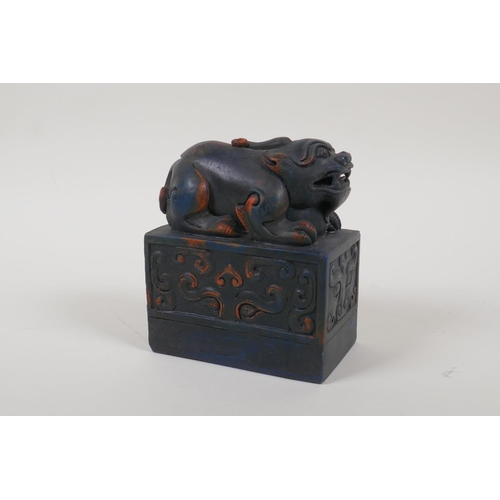 53 - A Chinese reconstituted hardstone seal with a kylin knop, 4