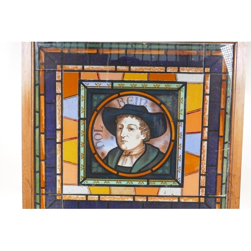 54 - A a stained lass effect panel with a portrait of gentleman inscribed holbein, 20