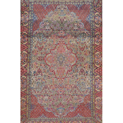 1191 - A Persian multi colour Heriz design silk rug, wear, 38½