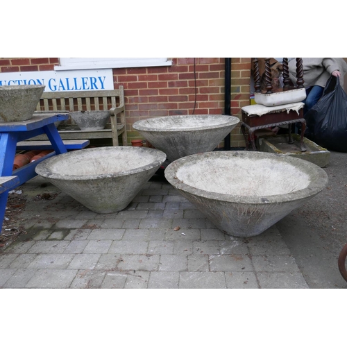 1177 - Three mid century conical concrete garden planters with bark effect exterior, 35