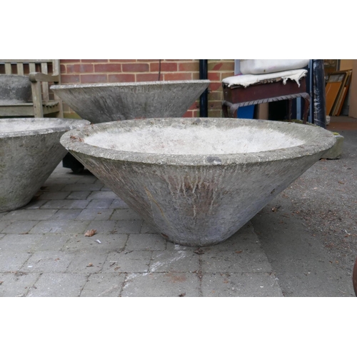 1177 - Three mid century conical concrete garden planters with bark effect exterior, 35