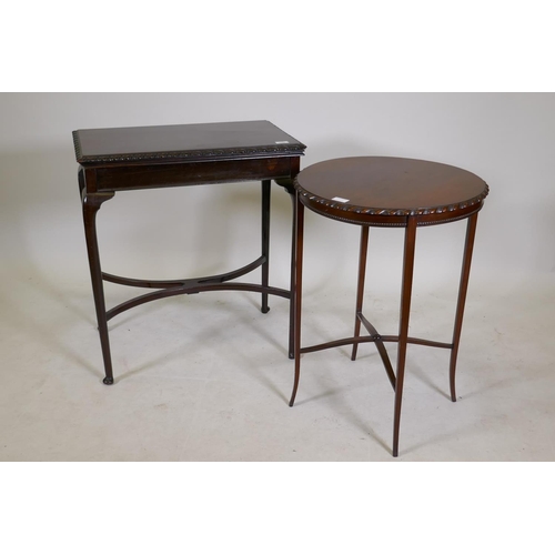 1184 - A Victorian mahogany fold over card table on cabriole legs with shaped stretcher, 28