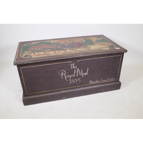 1192 - A C19th painted pine blanket chest, decorated with a coaching scene, 42