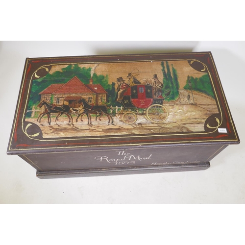 1192 - A C19th painted pine blanket chest, decorated with a coaching scene, 42