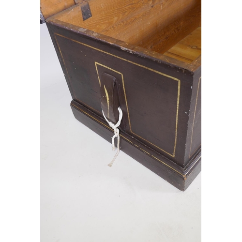 1192 - A C19th painted pine blanket chest, decorated with a coaching scene, 42