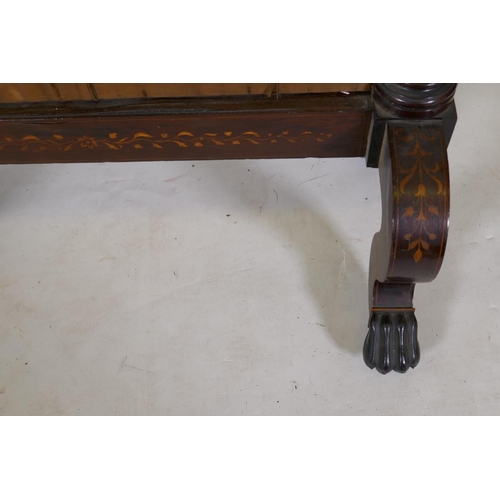 1194 - A Victorian inlaid rosewood fire screen with paw feet, fitted with a tapestry depicting a courting c... 