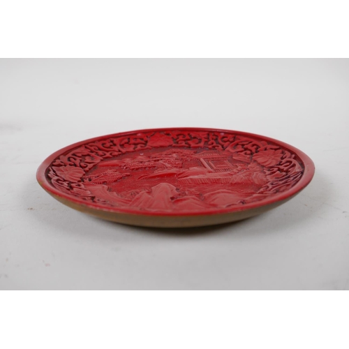 15 - A Chinese cinnabar lacquer style dish with riverside landscape decoration, 15cm diameter