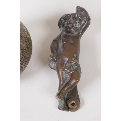 17 - A small bronze 'cherub' door knocker, 11cm long, and a squat Bidri vase