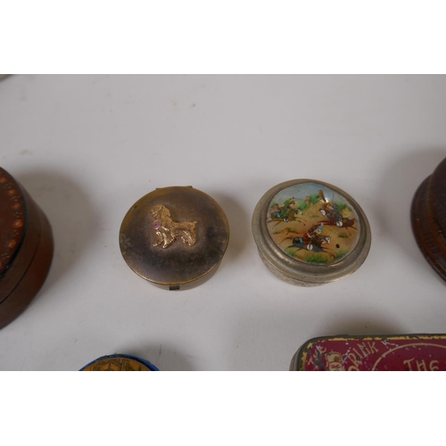 22 - A collection of vintage treen trinket boxes, ink pots, vesta cases, and a Kashmiri scribe's box, lar... 