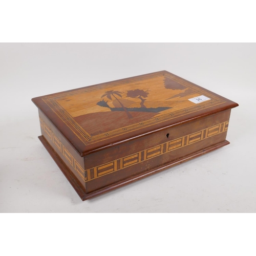 26 - A C19th satinwood and ebony inlaid jewellery box, 25 x 17 x 9cm, a jewellery box and a marquetry inl... 