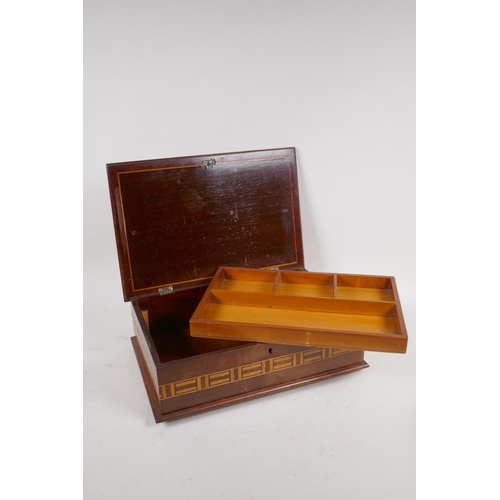 26 - A C19th satinwood and ebony inlaid jewellery box, 25 x 17 x 9cm, a jewellery box and a marquetry inl... 