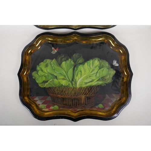 44 - A pair of decorative tin serving trays labelled Ian Logan and Sherwood Studios, 56 x 44cm