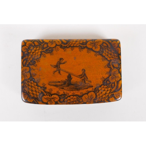 47 - An early C19th Scottish Mauchline ware sycamore pen work snuff box, bearing the motto 'Such is Life'... 