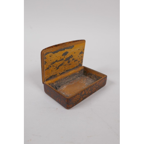 47 - An early C19th Scottish Mauchline ware sycamore pen work snuff box, bearing the motto 'Such is Life'... 